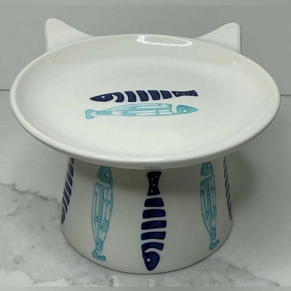 Signature Elevated Bowl Cat Food Blue & Aqua Ceramic Fish Design New